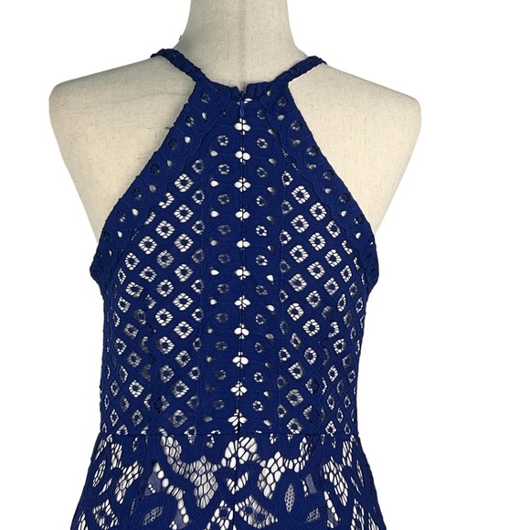 GIANNI BINI HALTER LACE OVERLAY DROP WAIST FIT & FLARE DRESS COBALT MEDIUM EUC - Picture 10 of 16